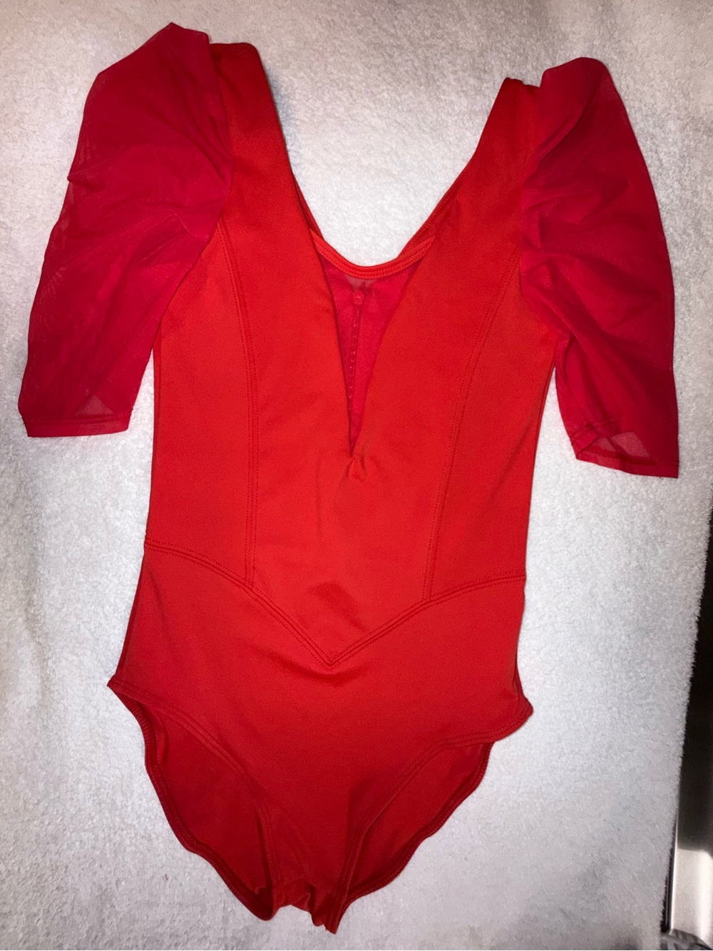 Tiger Friday Girls' Red Dance Leotard with Sheer Puff Sleeves Size Adult X-Small
